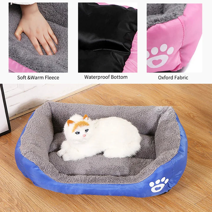 Pet bed with a cat inside, showing soft fleece, waterproof bottom, and oxford fabric features.