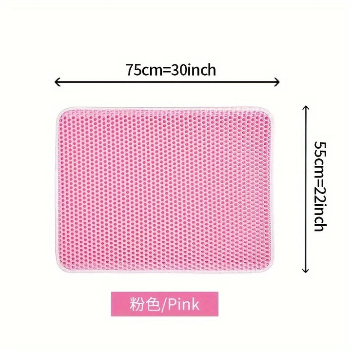 Pink cat litter mat with measurements.