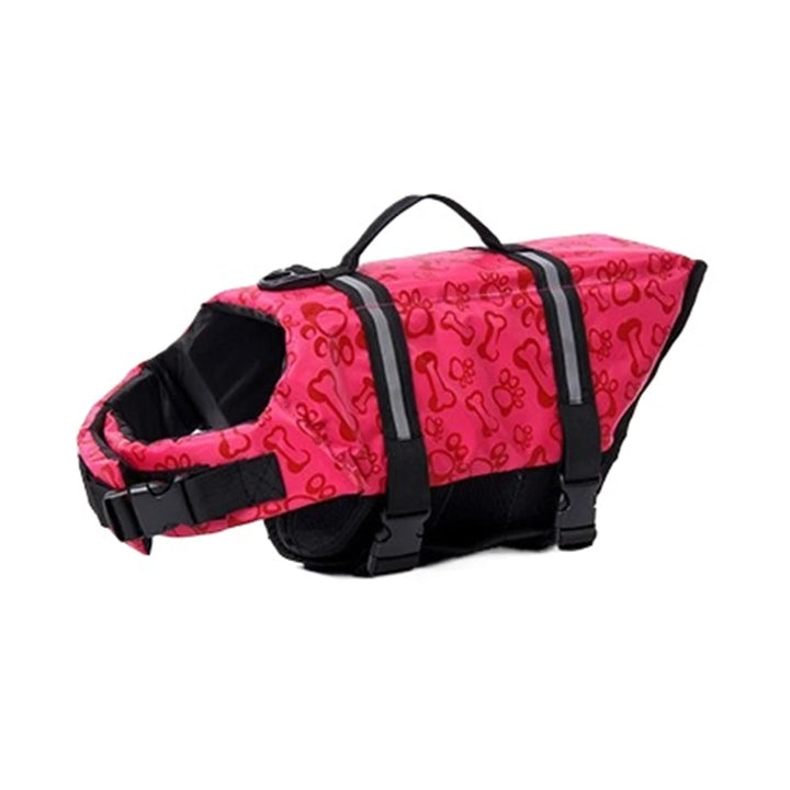 Pink dog life jacket with black patterns
