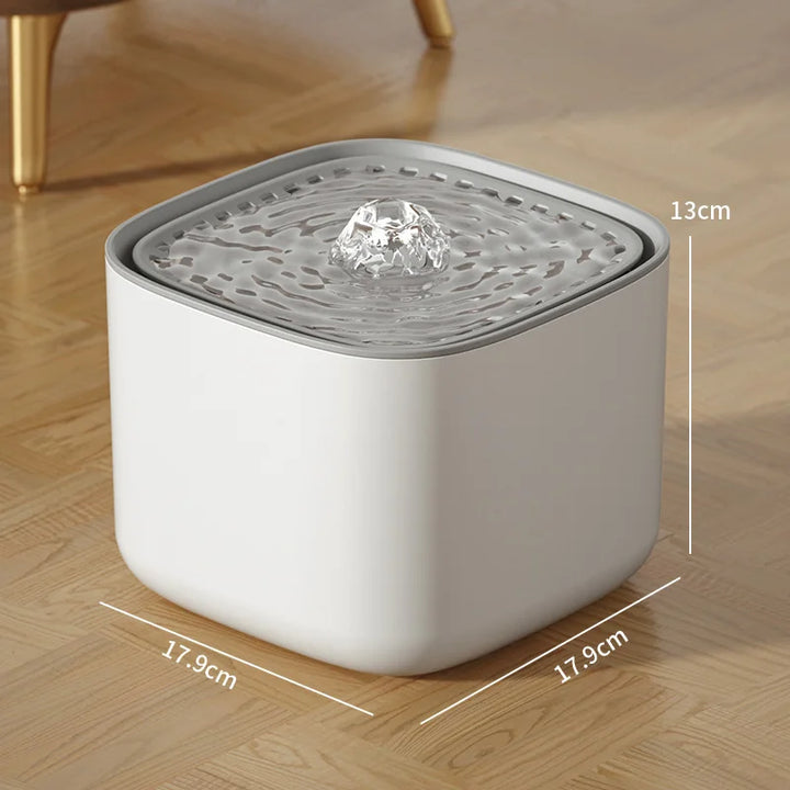 Cat Water Fountain on a wooden floor with dimensions indicated