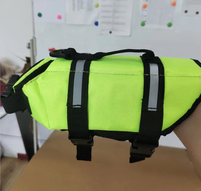 Bright green dog life jacket with reflective stripes