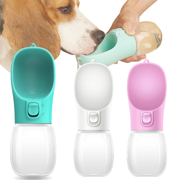 Dog drinking from teal, white, and pink dog water bottle outdoors