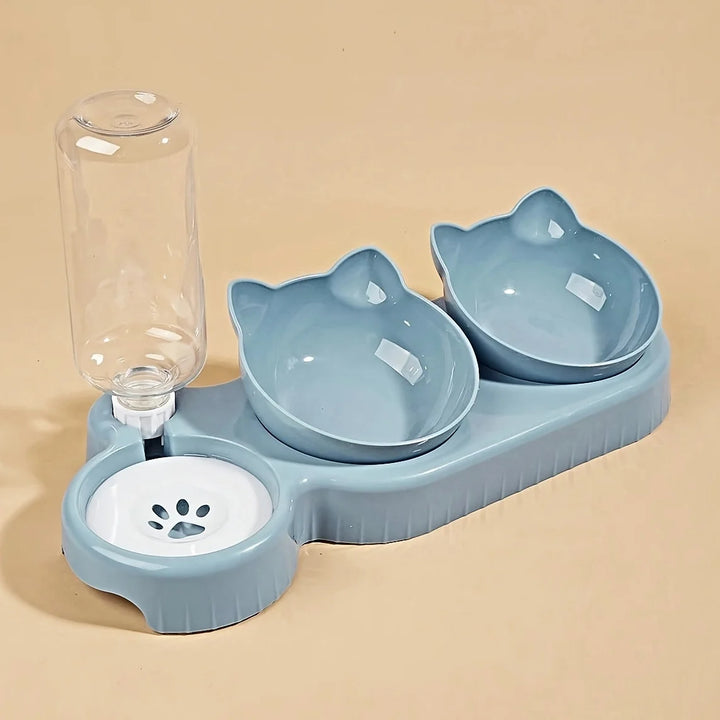 Light blue cat and dog bowl set with two bowls and a water dispenser