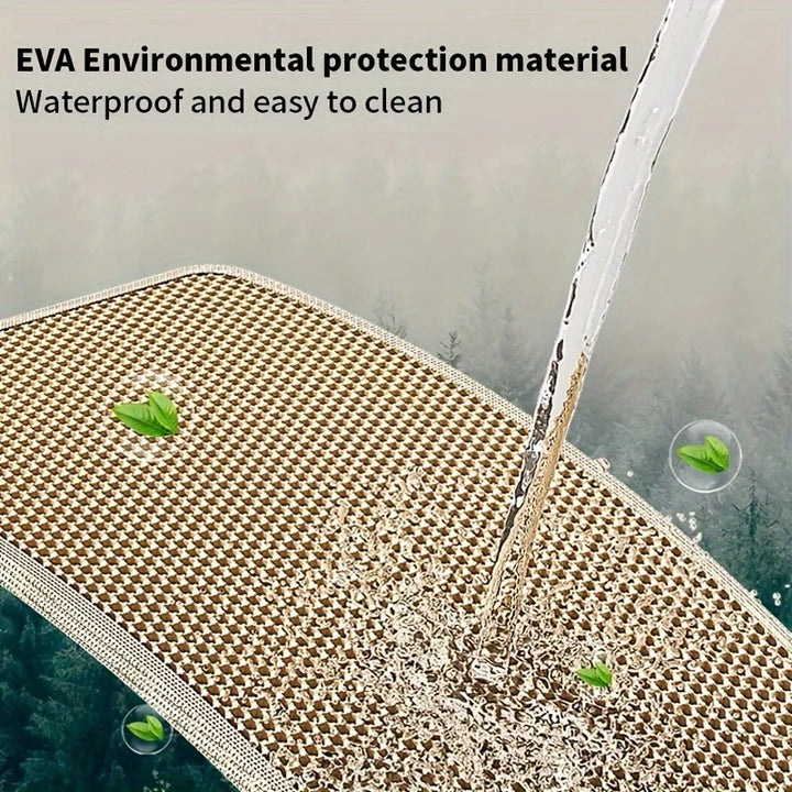 Cat litter mat made of EVA environmental protection material being tested for waterproof and easy-to-clean properties.