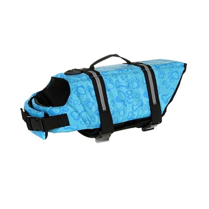 Blue dog life jacket with black straps
