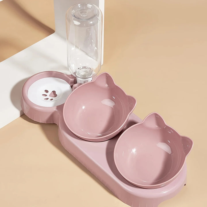 Pink cat and dog bowl set with two bowls and a water dispenser