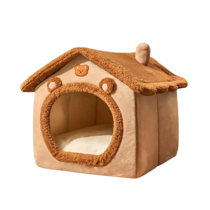Brown pet house with teddy bear design