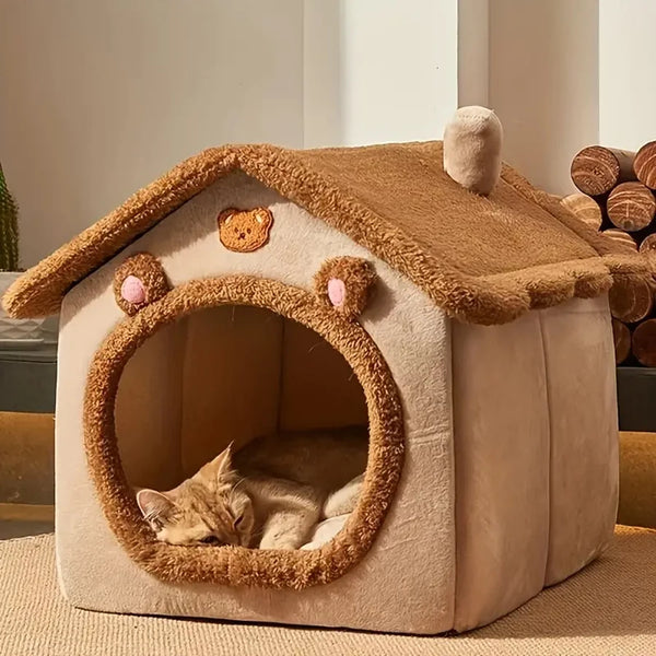 Cat resting inside a plush foldable pet house