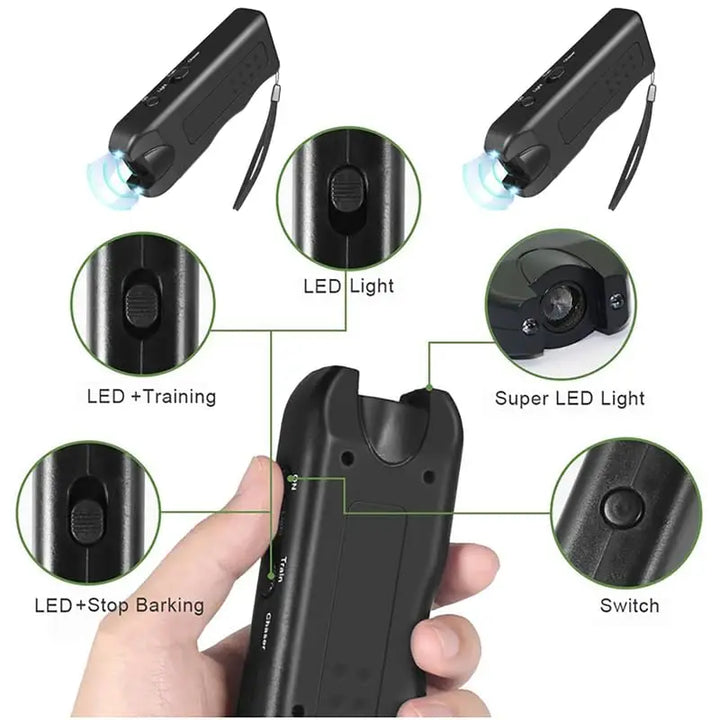 ultrasonic dog training device with LED light and switch.