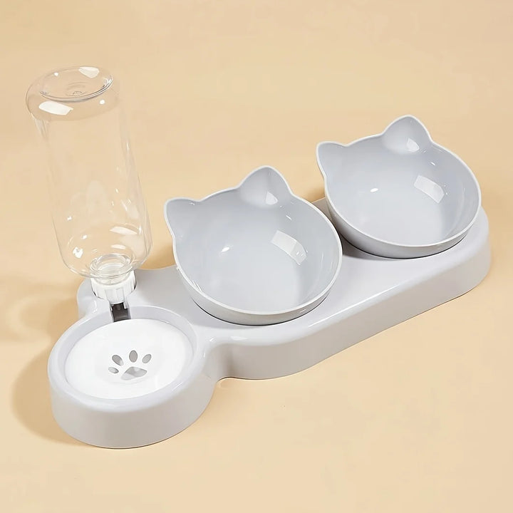 White cat and dog bowl set with two bowls and a water dispenser