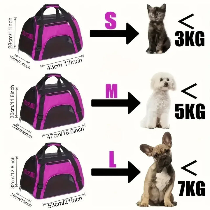 Cat bag and dog bag with size chart and pet weight capacity info.