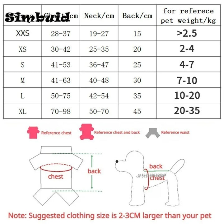 Size chart for dog life jacket with measurements and weight reference