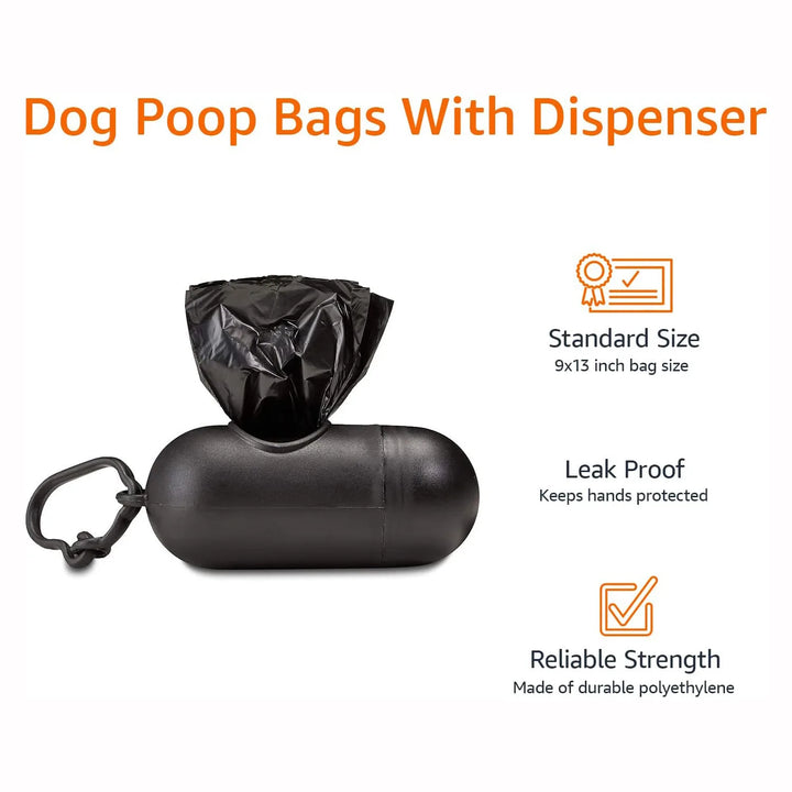 Dog Poop Bag Holder with a bag, featuring text on features.