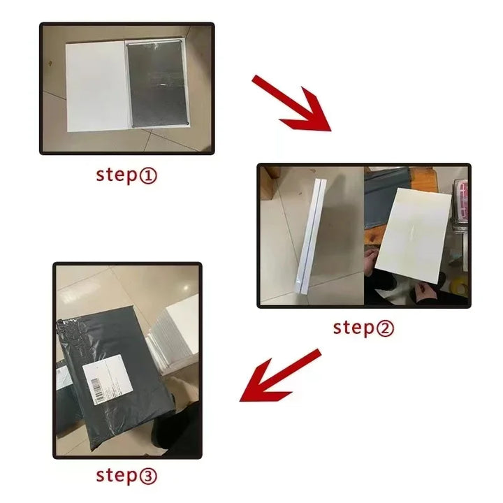 Step-by-step guide showing how to install a Beware of Dog sign on a wall using screws or adhesive.