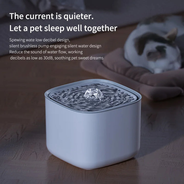 Cat Water Fountain with descriptive text highlighting its quiet operation and health benefits