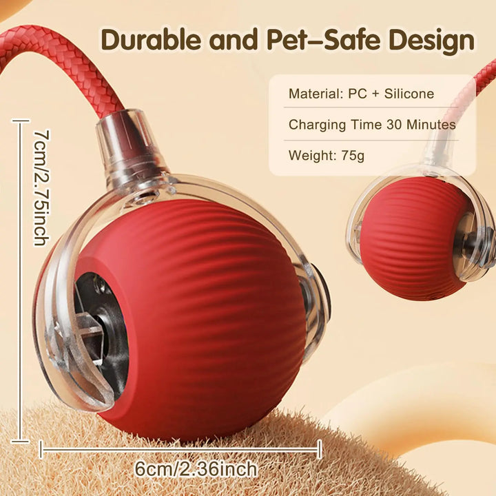 Red and clear smart cat ball toy with charging cable and specs