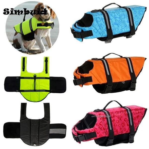 Collection of dog life jackets in various colors