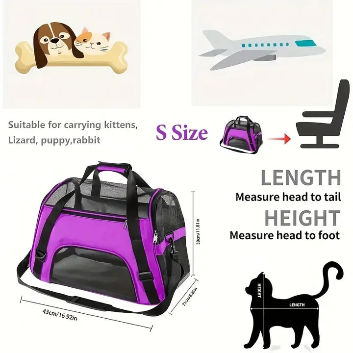 Dog bag and cat bag with dimensions and usage guide