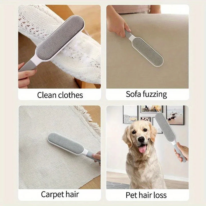 pet hair removal brush being used on clothes, sofa, carpet, and a dog.