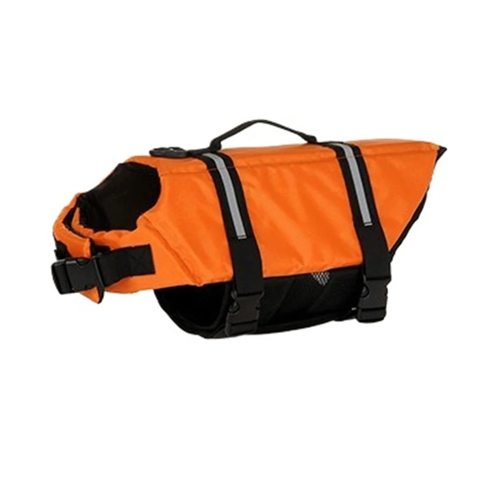 Orange dog life jacket with black straps