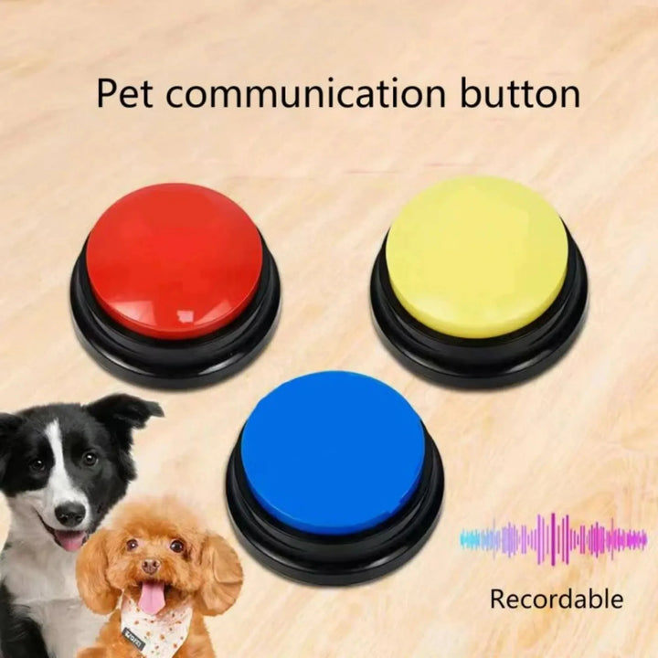 Three colorful Dog Communication Buttons with a dog