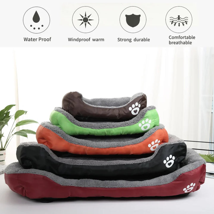 Stack of pet beds in various colors with features listed above