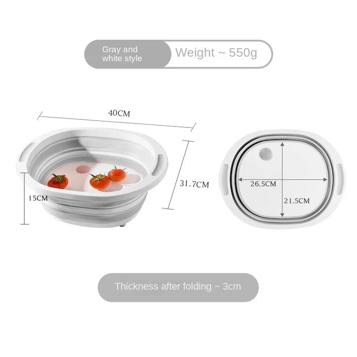 Collapsible bowl with measurements and weight information