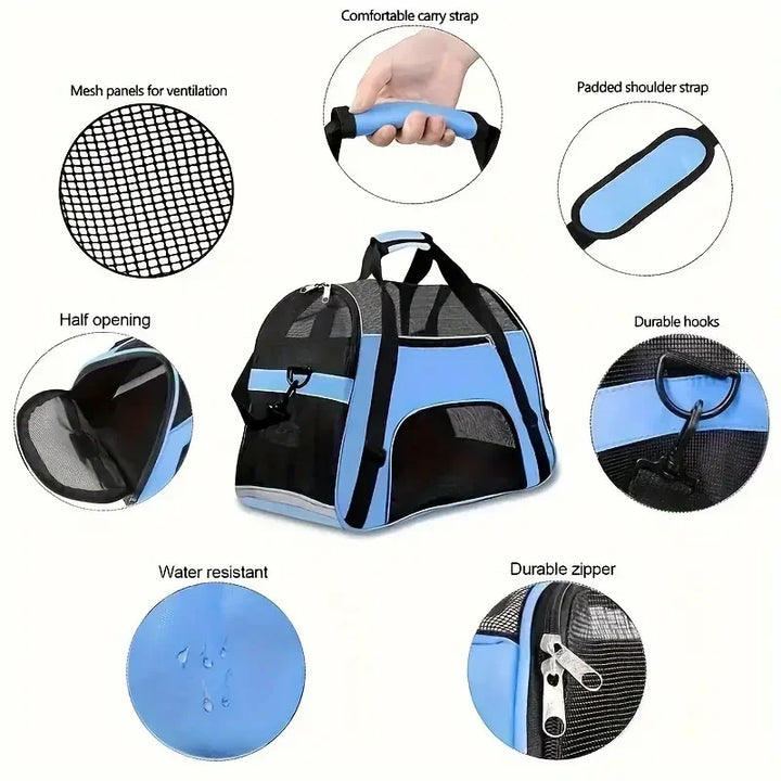 Blue pet carrier with key features labeled