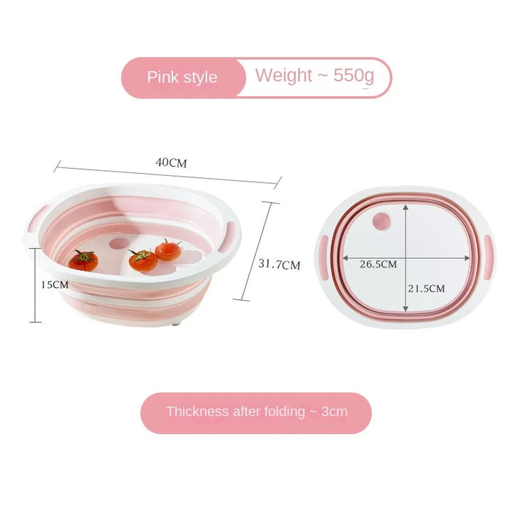 Collapsible pink pet bowl with measurements and weight information