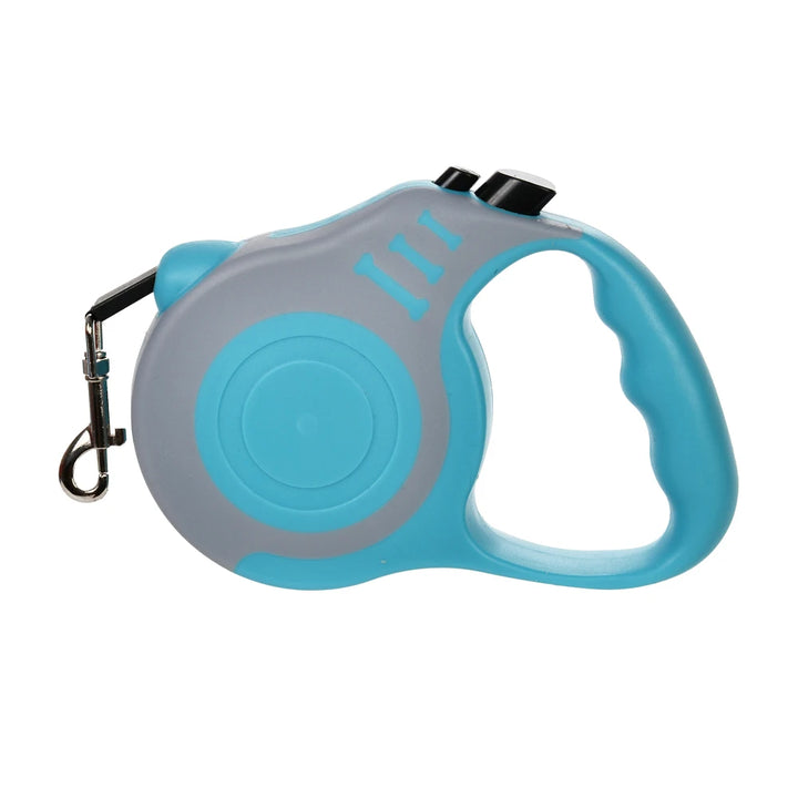 Retractable dog leash with blue handle and gray reel