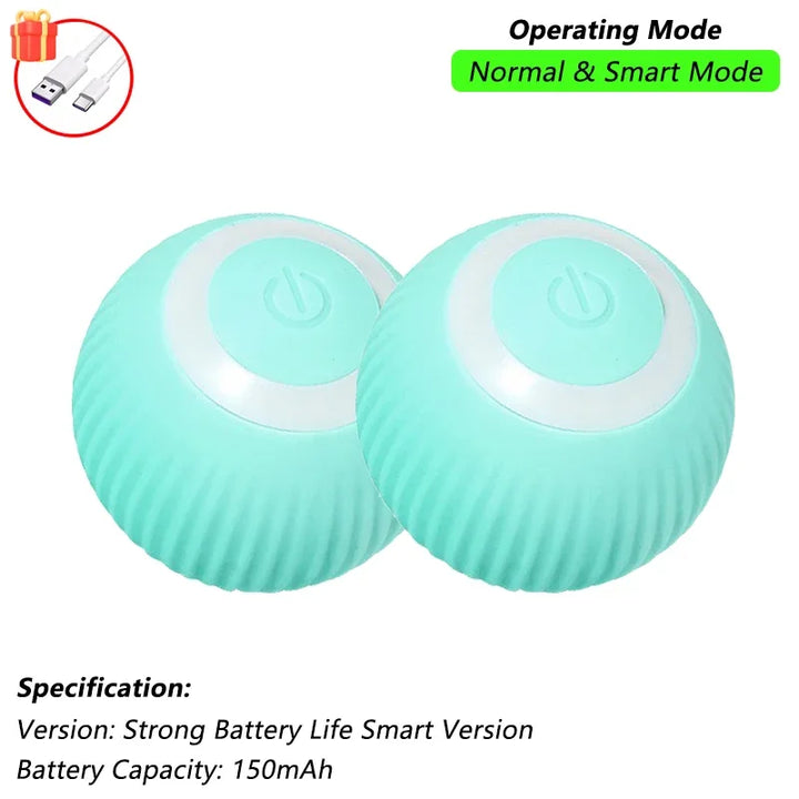 Two teal smart cat toys with white tops showing features and operation modes