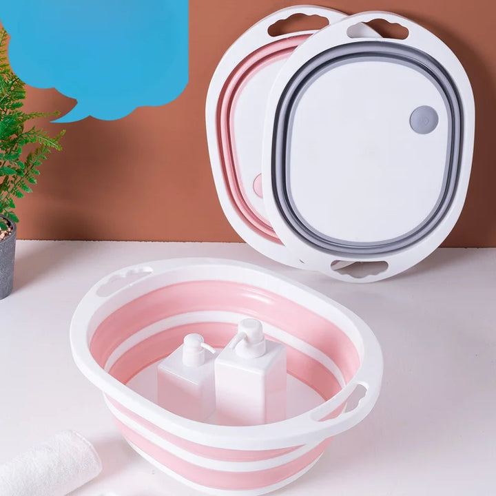 Collapsible pink and white dog bath tub with gray lid