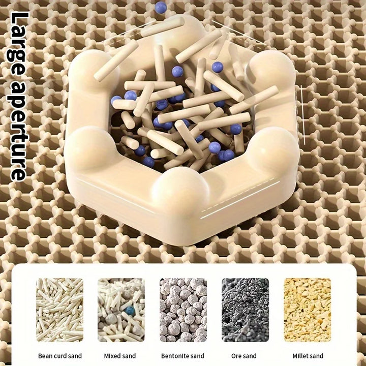 Best cat litter mat with large aperture honeycomb design showing compatibility with various cat litter types.