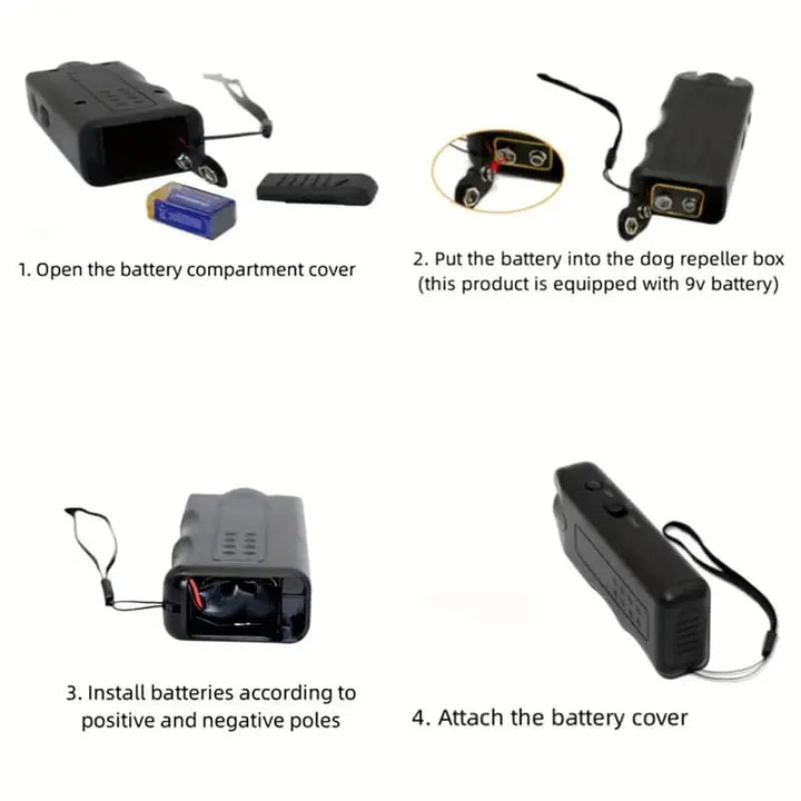 Instructions showing how to insert battery into dog training device.