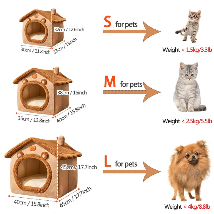 Pet house size chart showing dimensions and weight limits for cats and dogs