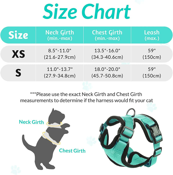 Cat harness size chart with measurements