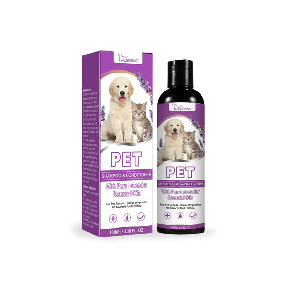 Natural pet shampoo and conditioner bottle with lavender packaging