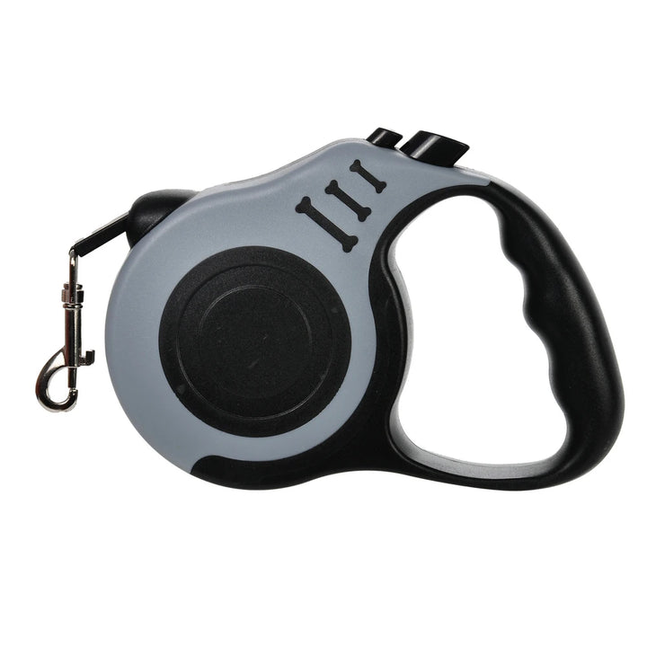 Retractable dog leash with gray casing and black handle