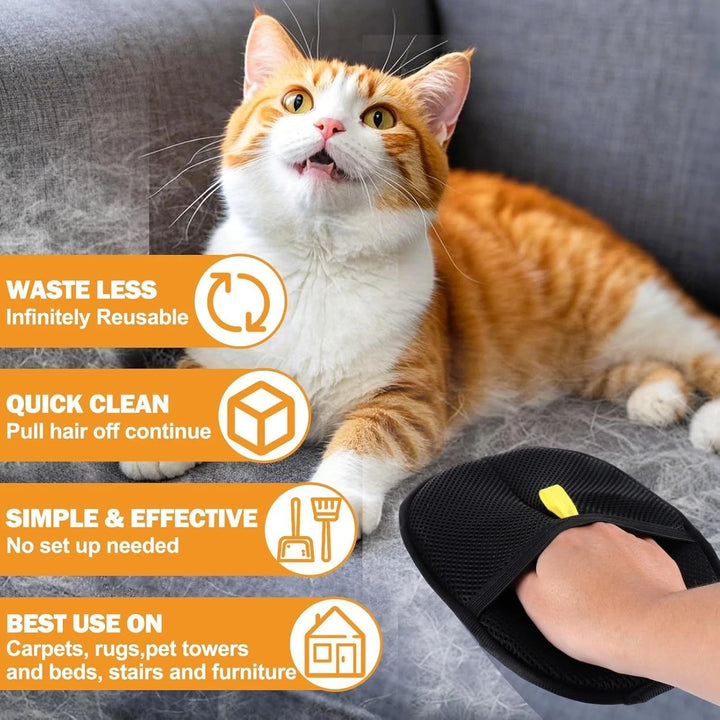 Cat hair remover grooming glove next to reusable cleaning tool