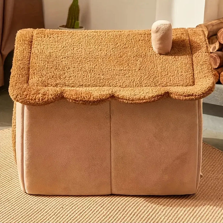 Brown plush dog house with a fluffy roof