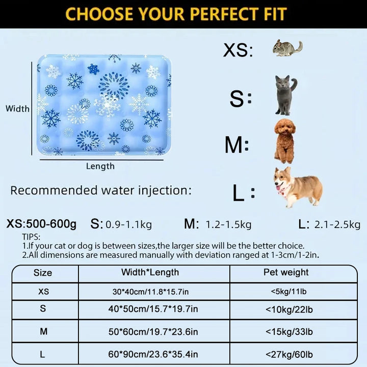 Pet Cooling Mat size chart