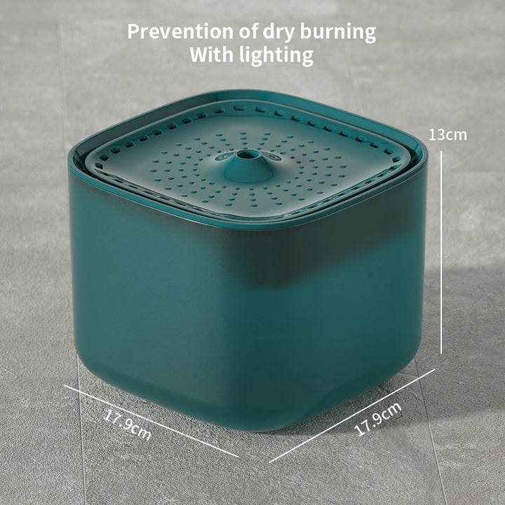 Teal-colored Cat Water Fountain with featuring text about dry burning prevention.
