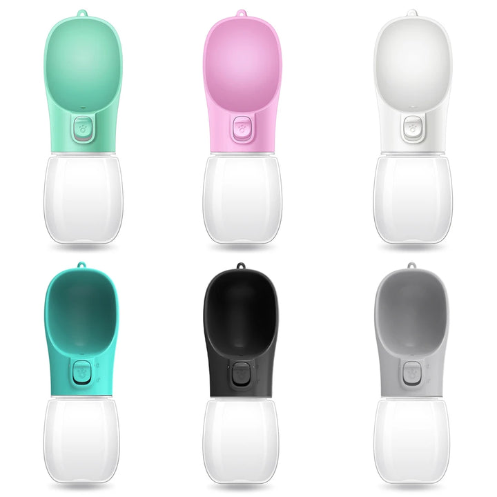 Set of six colorful dog water bottles for pets