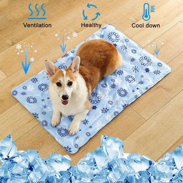 Dog lying on a pet cooling mat
