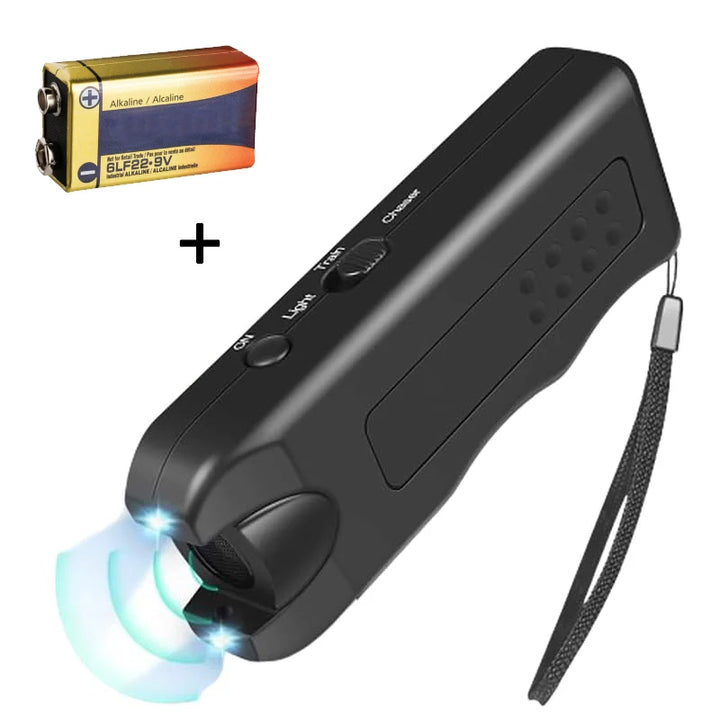 Ultrasonic dog training device with flashlight, battery, and strap.