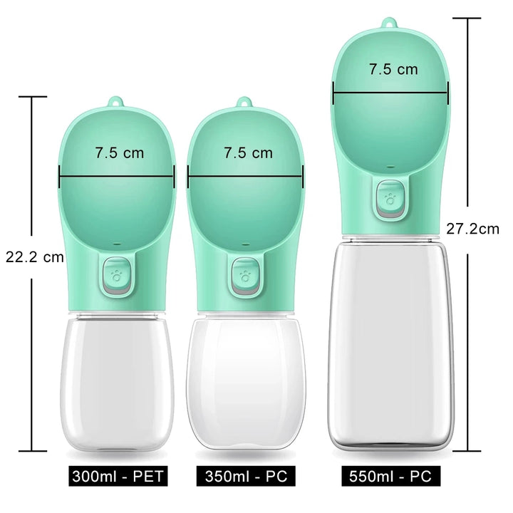 Green dog water bottle with size and capacity labels