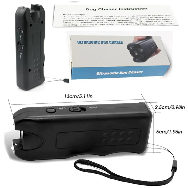 Ultrasonic dog training device with packaging and measurements
