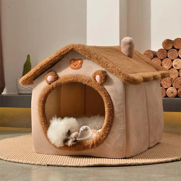 Pet house designed like a wooden cabin with a small dog inside