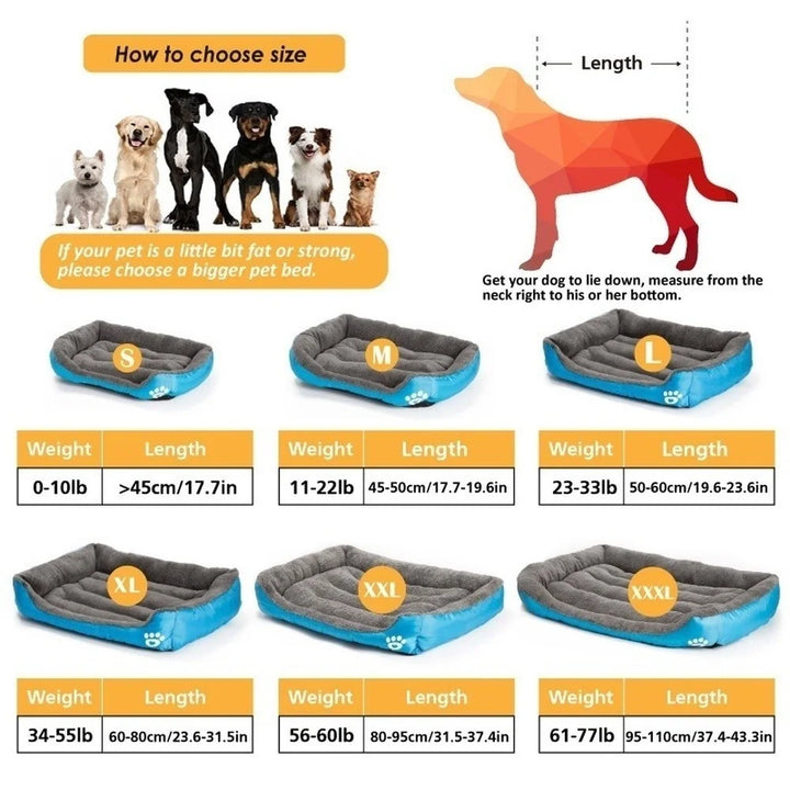 Dog bed size chart with measurements and guidelines
