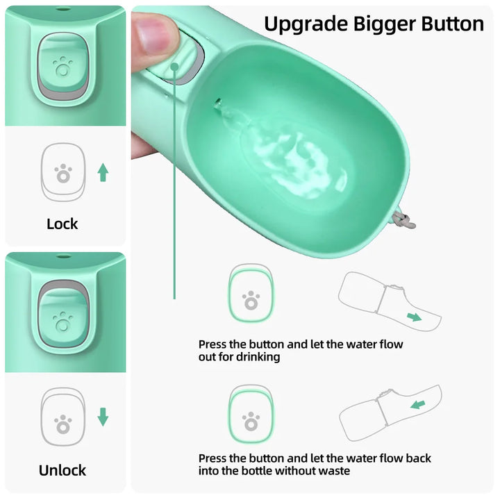 Green dog water bottle with key features labeled